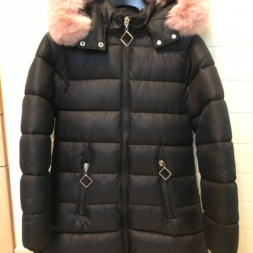 Girls' jacket XS with detachable fur, like new, black and pink