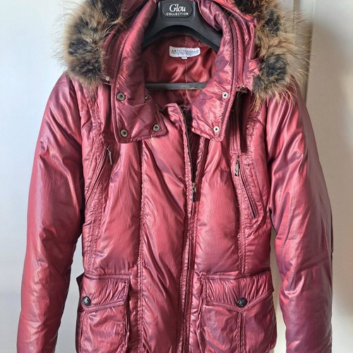 Red metallic jacket used with detachable hood