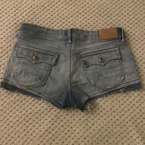 Low waisted jean shorts, grey and blue