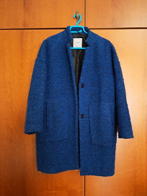 Mango coat used, petrol bouclé texture, size XS