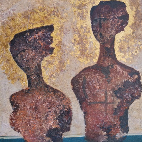 Signed painting by F. Kappos used, modern abstract artwork with two figures