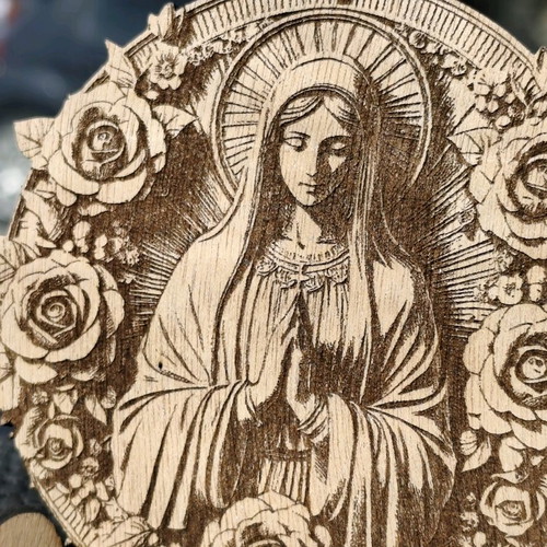 Wooden icon Panagia with rose new, with stand