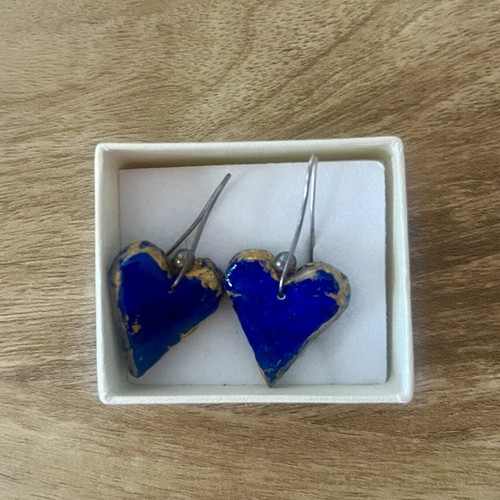 Handmade Heart Earrings in Royal Blue with Gold Details