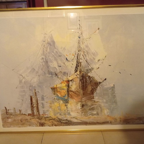 Framed art with ship theme used 61.5x80.5 cm
