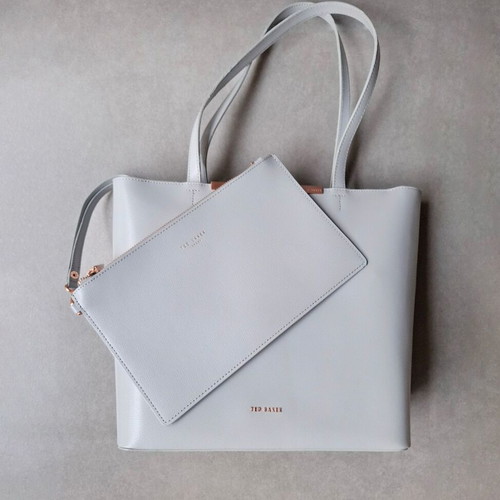 Ted Baker Light Grey Genuine Leather Tote Bag with Matching Pouch