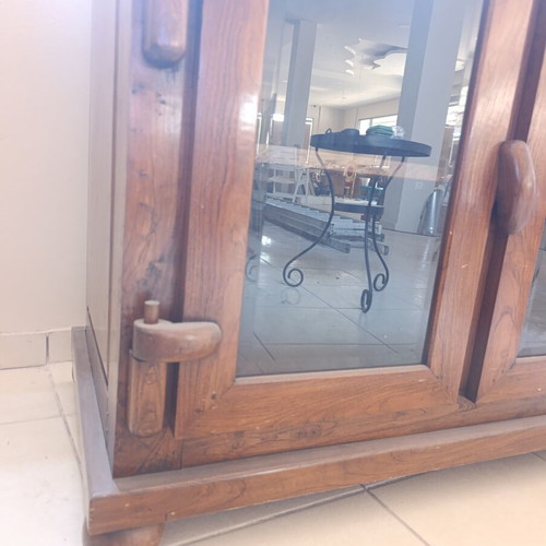 Wooden rustic buffet cabinet with glass doors, solid wood