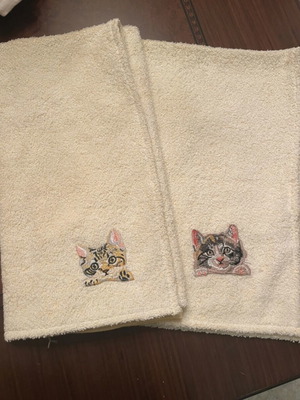 Face Towels with Embroidered Cat, Like New, Soft Yellow