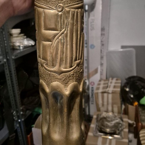 World War I Trench Art used, 75mm carved shell casing