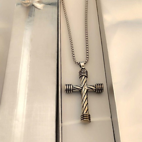 Steel cross with spiral pattern and 60 cm chain in gift box new