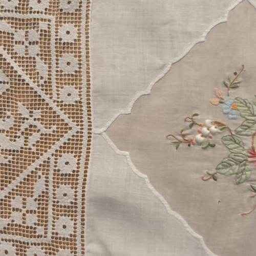 Vintage 1980s embroidered tablecloth used, fabric for upcycling