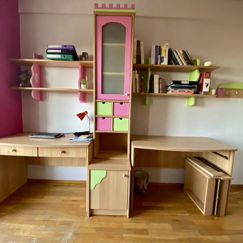 Children's bedroom furniture set, natural wood with green and pink details