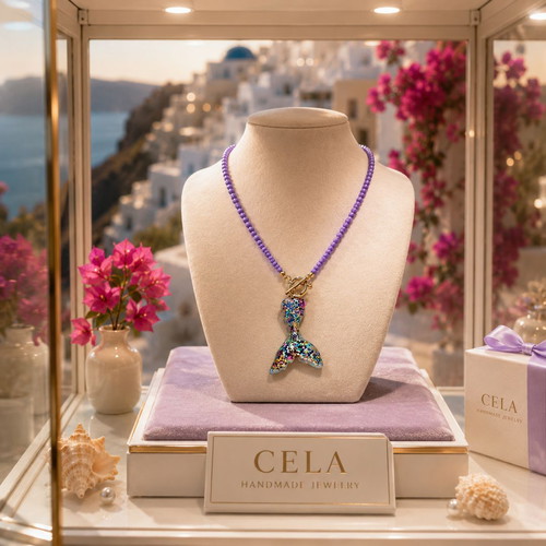 Handmade Necklace with Czech beads, steel clasp -T-, mermaid tail made of clay and zirconia