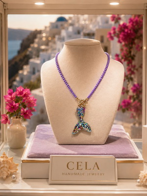 Handmade Necklace with Czech beads, steel clasp -T-, mermaid tail made of clay and zirconia