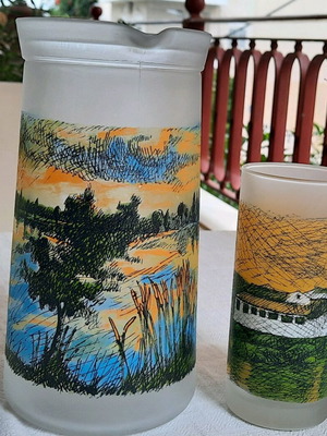 Collectible glass pitcher with water glass painted by Pavlos Samios new