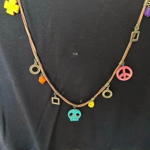 Bohemia boho necklace with leather cord, multicolored