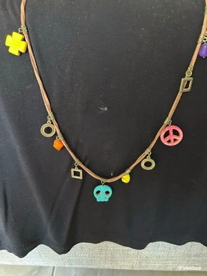 Bohemia boho necklace with leather cord, multicolored