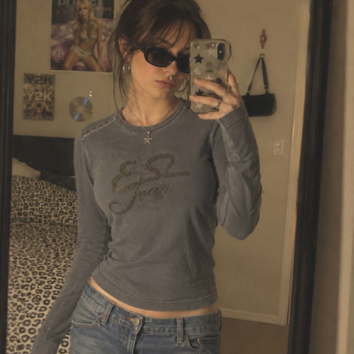 Y2K long-sleeve top new, gray, size S