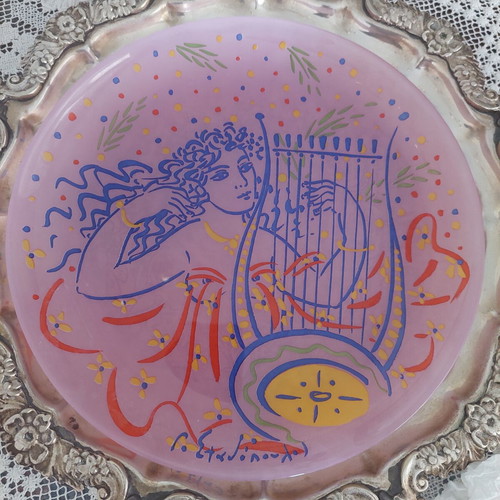 Glass decorative plate with G. Stathopoulos signature, pink lilac