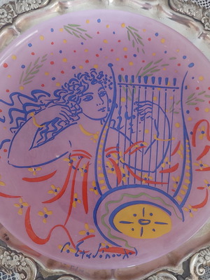 Glass decorative plate with G. Stathopoulos signature, pink lilac