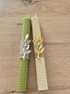 Candles new beeswax sheet with steel olive branch decoration, set of 2