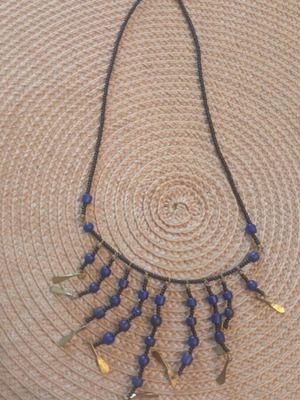 Vintage Art Deco Necklace Egyptian Revival with Blue Glass Beads and Brass Tassels