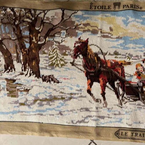 Handmade embroidered textile painting winter scene with horse