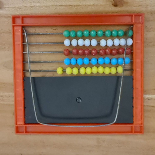 Red plastic abacus up to 50 with alphabet and blackboard, like new, 1980s
