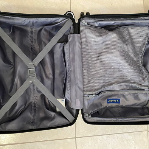 Saxoline cabin suitcase used, gray, hard shell with 4 wheels
