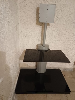 Glass TV stand with wheels like new, black and gray