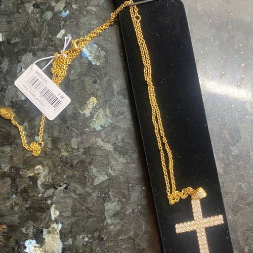 Crystalp steel cross gold color new with missing stone