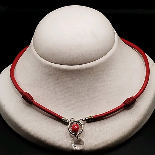 Handmade necklace new with leather and transparent crystals