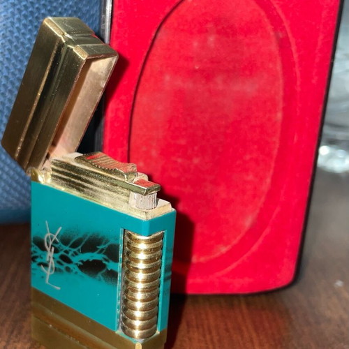 Yves Saint Laurent YSL vintage gold blue gas lighter with marbled finish and box used