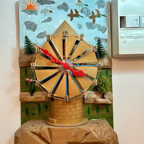 Handmade art wall clock with wooden windmill, unique piece 65 cm