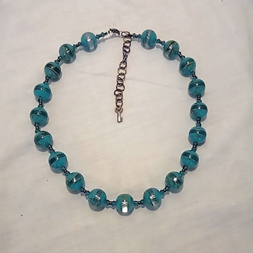 Boho Summer Choker Necklace with Large Striped Turquoise Glass Beads 44cm + 7cm
