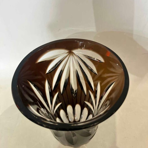 Vintage Bohemian Crystal Vase used, carved brown design 20x14
