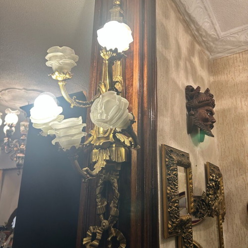 Set of 2 large brass wall sconces used, vintage glass shades