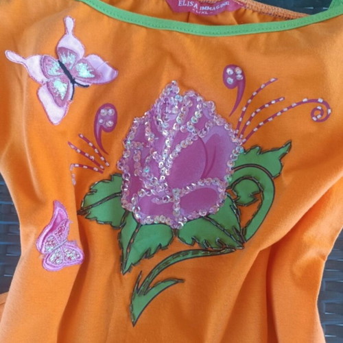 Elisa Immagine orange top L-XL like new with sequined rose and butterflies