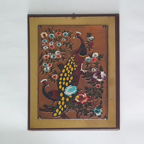 Vintage chalcography peacocks in frame used