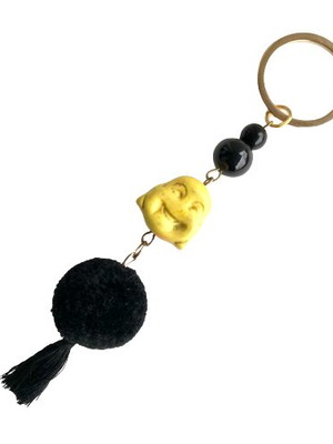 Keychain Buddha Smiling Yellow Chalcedony with Pom Pom