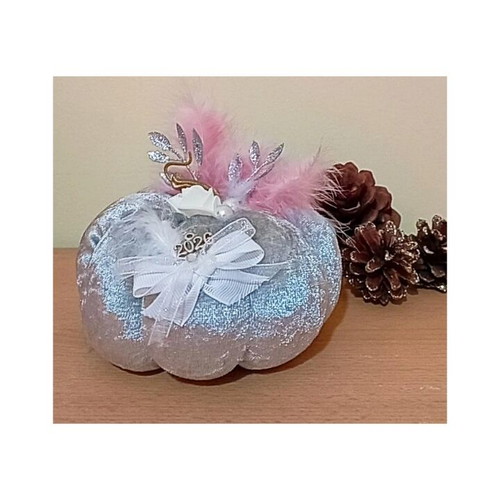 Handmade Large Velvet Pumpkin Lucky Charm 2026 in Silver Metallic Color