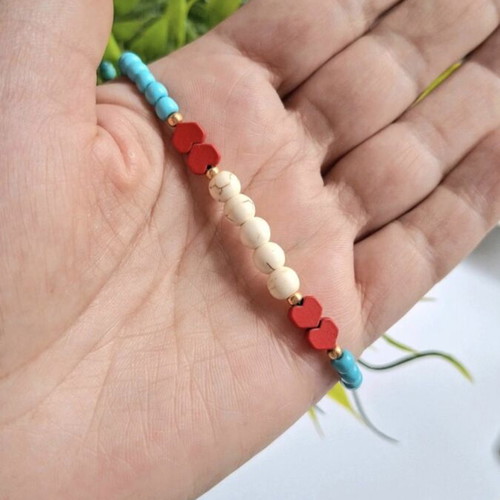Handmade bracelet with hearts new, red and turquoise
