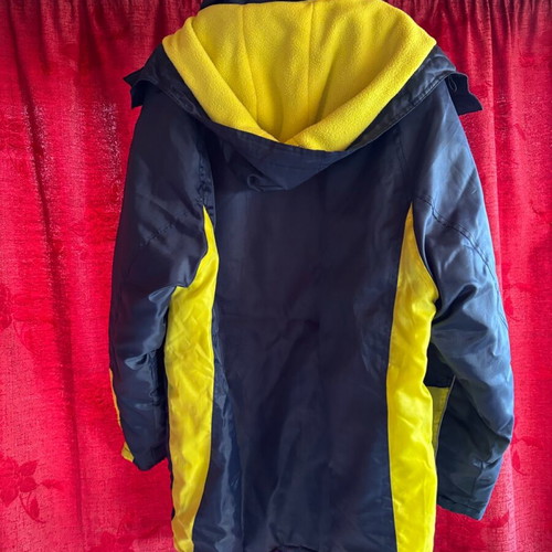 Mass jacket XL used for very cold weather with fleece hood blue and yellow