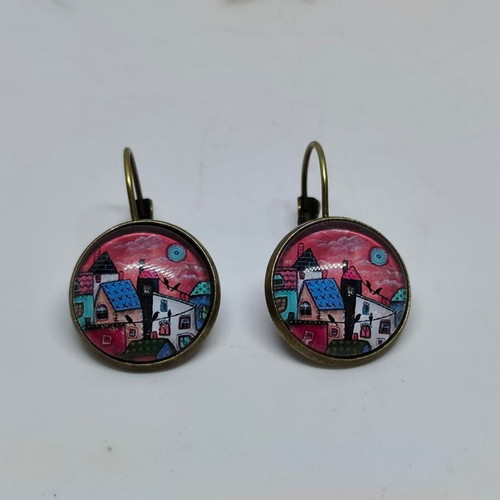 Handmade earrings with painted landscape, like new