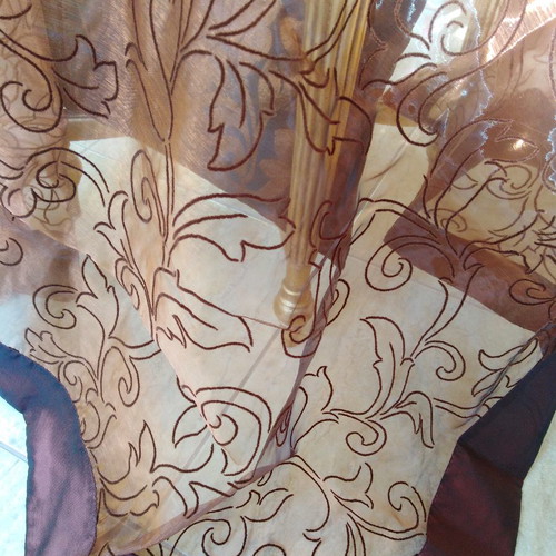 Tablecloth set of five pieces iridescent dark brown, silk organza with embossed flowers and border