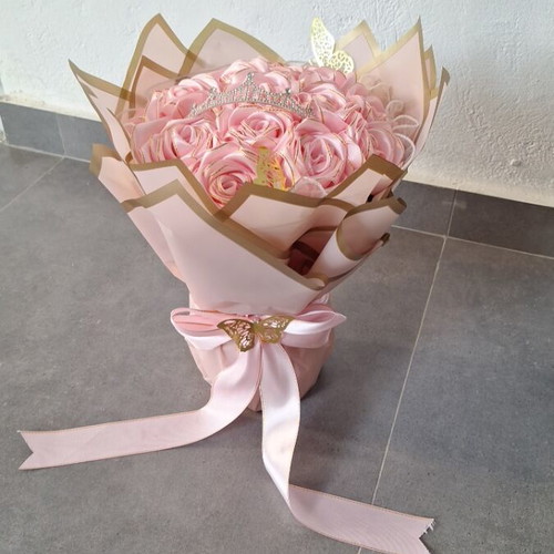 Handmade satin rose bouquet with tiara and golden butterflies