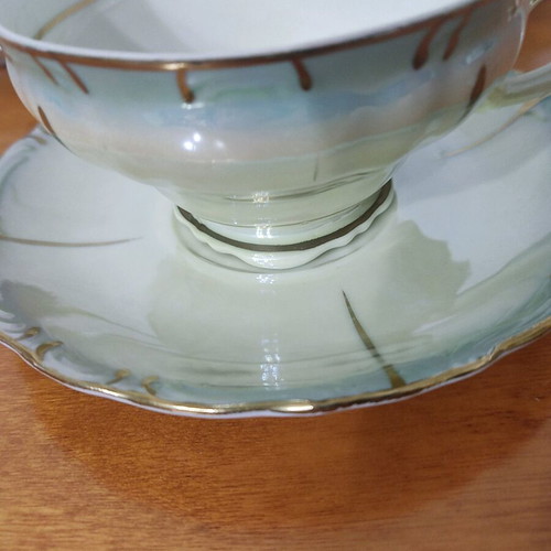 Porcelain cups like new, set of 3, with saucers, green shade