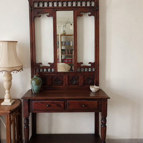 Wooden console with large carved mirror, vintage