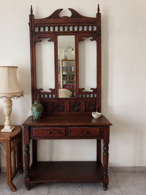 Wooden console with large carved mirror, vintage