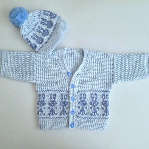 Handmade knitted baby set jacket and hat with bunny design, new