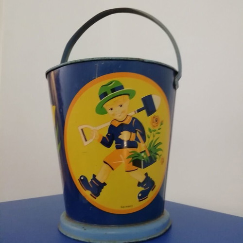 Vintage children's metal bucket used, colorful